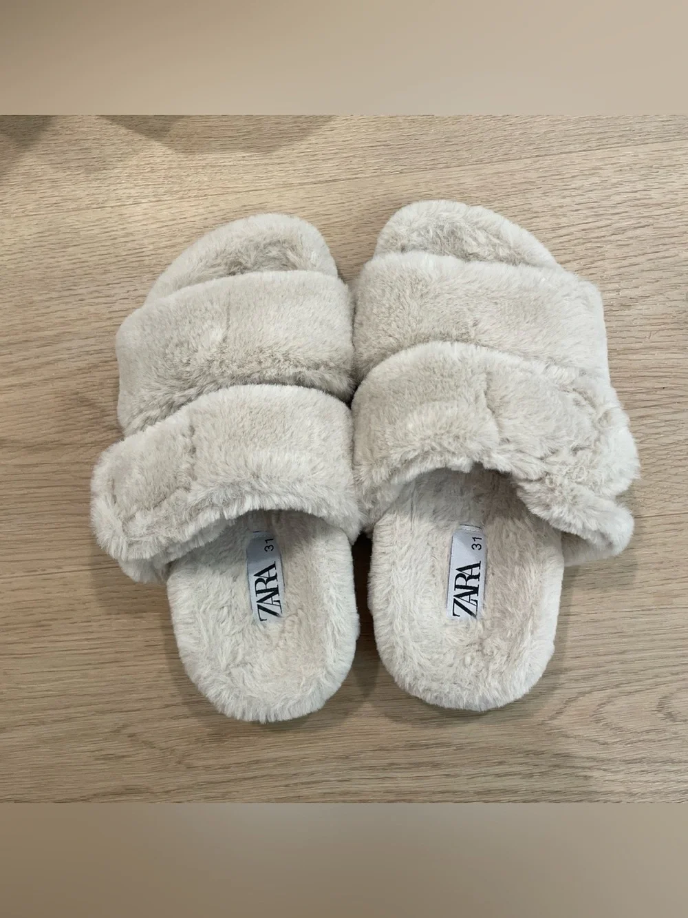Zara Cream Plush Double-Band Slide Slippers